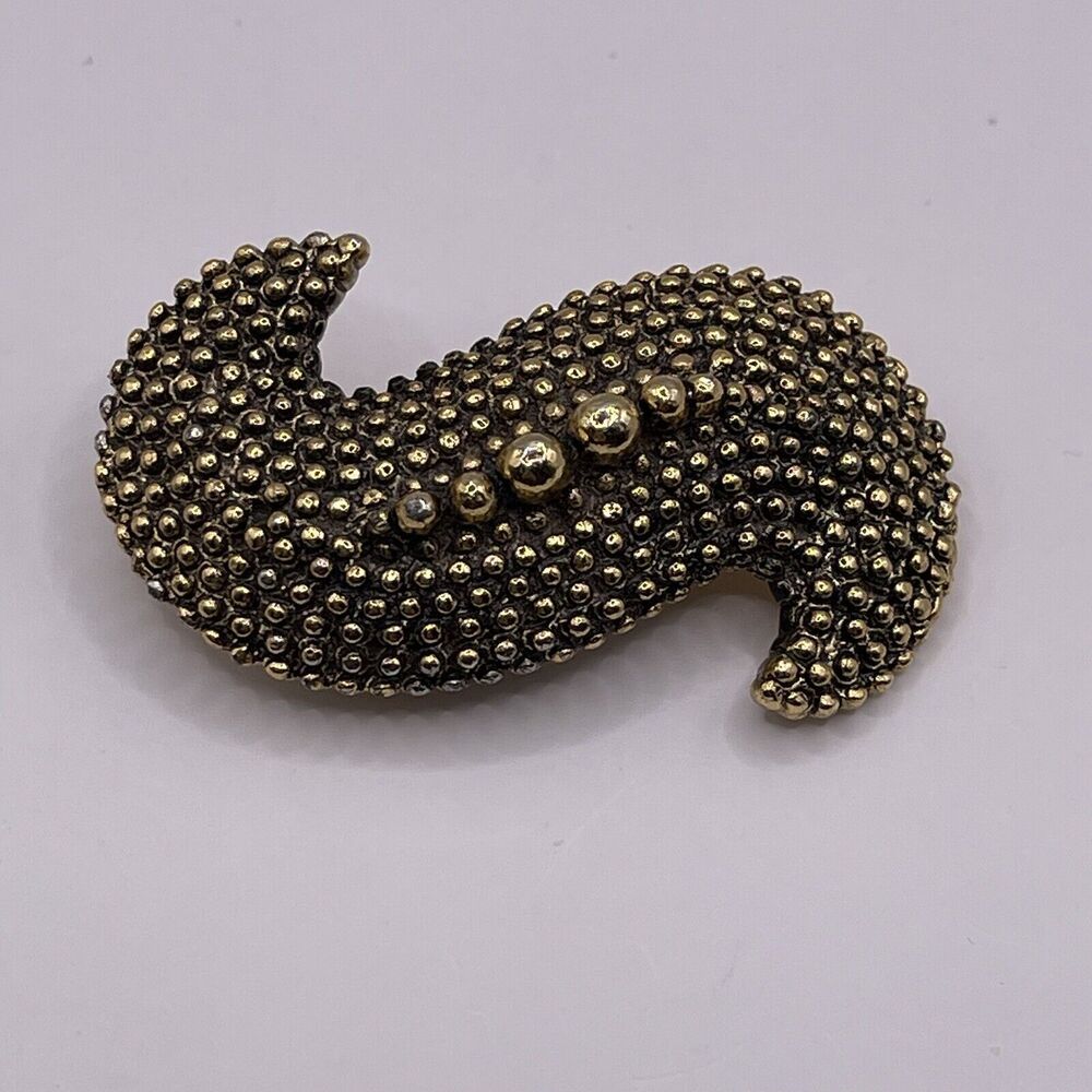 Vintage Gold Tone Pin Brooch S Swirl Design Faux Beaded Heavy Modern MCM 2 inch